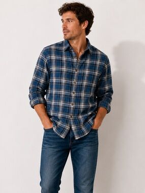 Rigs & Rags Blue Plaid Flannel Shirt Large Cabin Core Outdoor Workwear Button Up